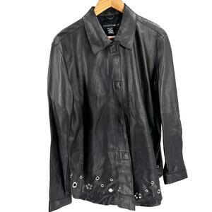 Vintage Y2K Industry Black Genuine Leather Grommet Shirt Jacket